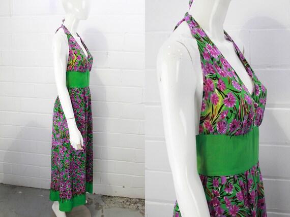 1970s Silk Maxi Dress Green and Purple Floral Pri… - image 3