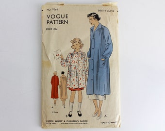 1940s Smock Sewing Pattern Vogue 7065, Vintage 40s Womens or Childs Smock Pattern, Complete Size 14 and 16