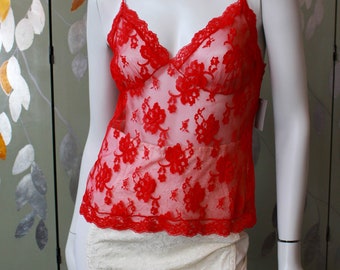 80s Red Lace Camisole, M/L, Bob Mackie Vintage Lingerie Top, Sheer Bright Red Lace