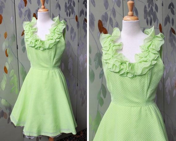 1960s Lime Green Polka Dot Party Dress, Small, Ru… - image 1