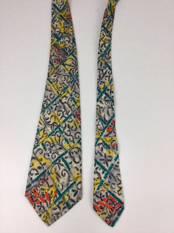 1940s Tie, Men's Wide Turquoise & Yellow Scribble… - image 5