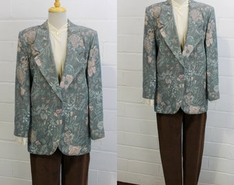 80s 90s Floral Print Blazer, Pastel Blue with Pink Rose Floral Print, Medium