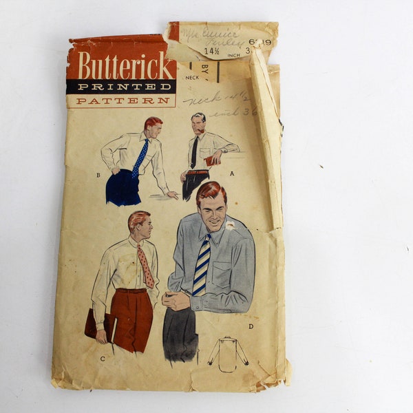 1950s Men's Shirt Sewing Pattern Butterick 6319, Vintage 50s Mens Button Down Pattern, Incomplete, Chest 36