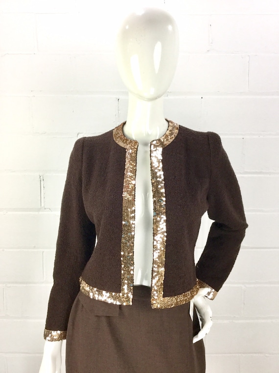 1980s Adolfo Cardigan, Vintage Brown Boucle Knit L