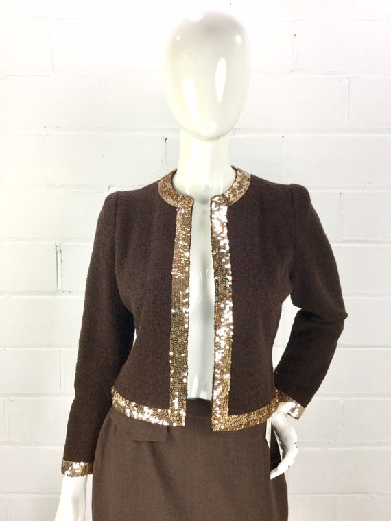 1980s Adolfo Cardigan, Vintage Brown Boucle Knit Long Sleeve