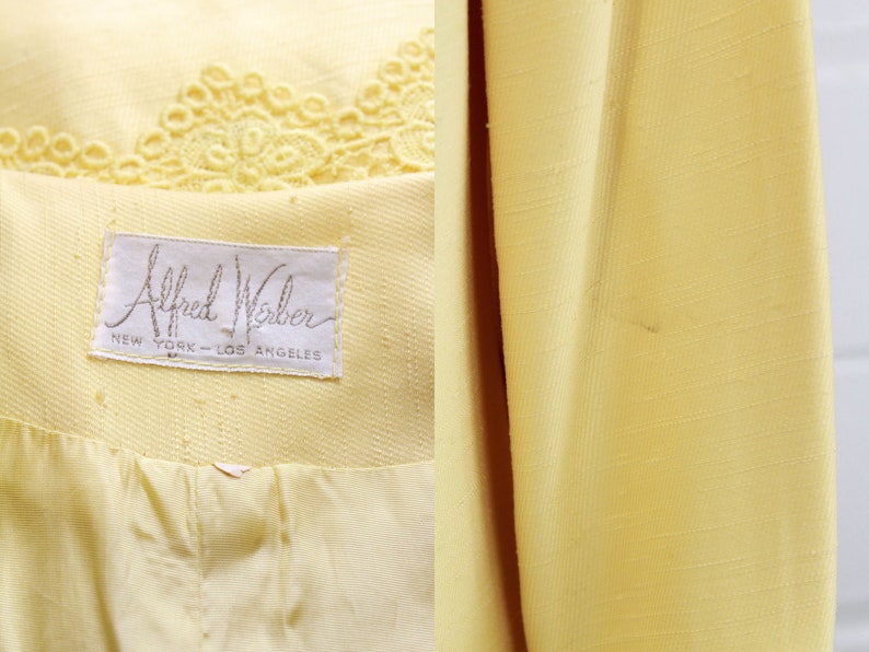 May include: A yellow blazer with a label that reads "Alfred Weber, New York - Los Angeles". The blazer has a lace trim at the top.