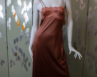 1980s Brown Slip Dress, XS/S, Lace Trim, Low Back, Spaghetti Strap Vintage Lingerie Night Gown