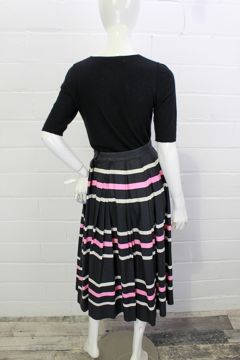 Vintage A-line Pleated Full Skirt 1950s Novelty Skirt Black and Pink Stripes Waist 25 in. Miss Sun Valley