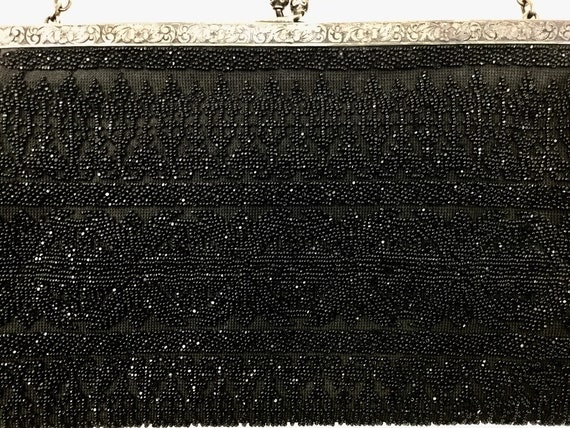 1950s Purse, Black Glass Beaded Evening Bag with … - image 9