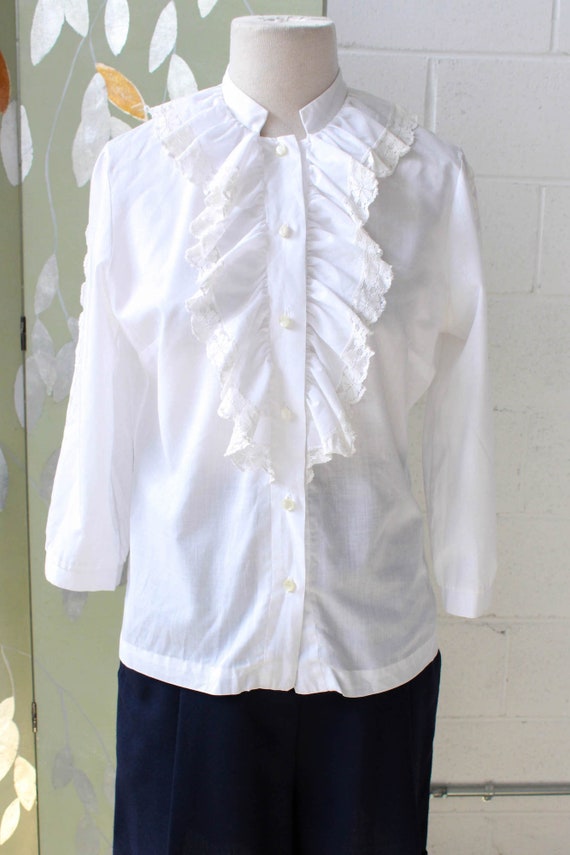 White Ruffle Jabot 60s/70s White Ruffle Jabot Blouse, Small, Romantic Vi… - Gem