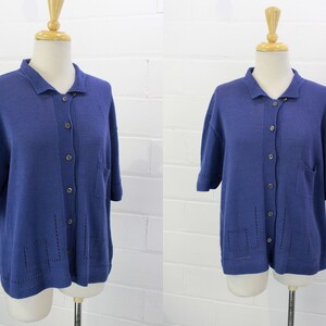 Vintage Marion Foale Blue Knit Short Sleeve Cotton Cardigan With Shell Buttons Collar Hand Knit in England Bust 40 In. Size Medium Etsy India