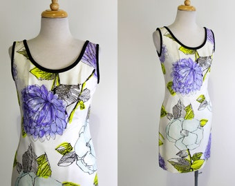 1970s Mini Dress, Floral Sleeveless Sheath Dress, Purple & Blue Floral Print Vintage Summer Dress, Small