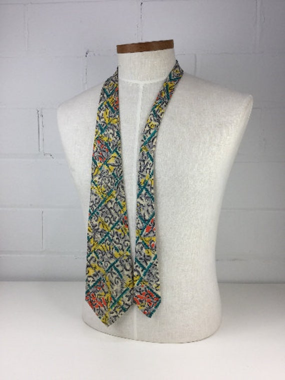 1940s Tie, Men's Wide Turquoise & Yellow Scribble… - image 2