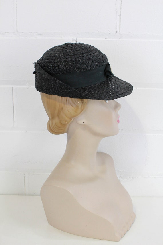 1930s Black Straw Women's Hat by Woolworth, with … - image 2