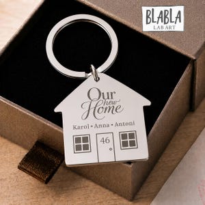 Può includere: Un portachiavi in metallo argentato a forma di casa, con l'incisione del testo Our new Home, i nomi Karol, Anna e Antoni e il numero 46. Il portachiavi include un anello metallico circolare ed è presentato in una scatola regalo marrone.