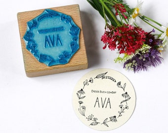 Personalized name stamp for kids | FLOWER WREATH | ex libris stamp | custom name stamp