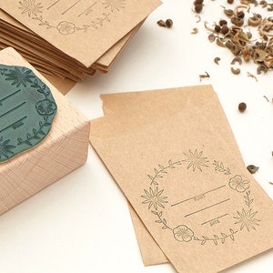 Seed packet stamp #02, flower wreath stamp, botanical stamp, Stamp gift for gardener, seed packet wedding, Gardening Gift, gardening craft