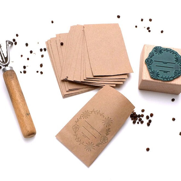 Seed Stamp SET | Seeds Rubber Stamp with 10 Seed Envelopes | Brown Kraft Bag | Seed Saving