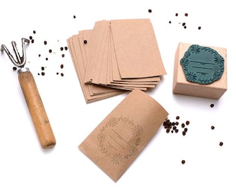 Seed Stamp SET | Seeds Rubber Stamp with 10 Seed Envelopes | Brown Kraft Bag | Seed Saving