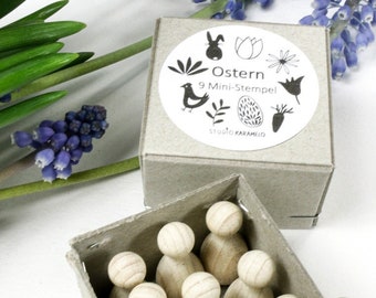 Mini-Stempel Set OSTERN, 9 kleine Stempel in Geschenkbox für DIY Oster-Dekoration, Stempel Osterhase, Stempel Karotte, Osterei