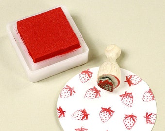 Mini rubber stamp Strawberry SET with red ink pad