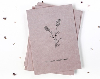 Congratulations, Greeting Card printed on wood-cut cardboard, botanical card, handdrawn illustration, natural material, minimal, boho