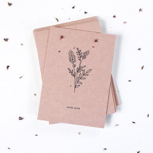 Biglietto di auguri ALLES GUTE stampato su cartone tagliato in legno, biglietto botanico, illustrazione disegnata a mano, materiale naturale, minimale, boho