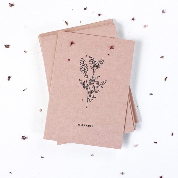 Greeting Card ALLES GUTE printed on wood-cut cardboard, botanical card, handdrawn illustration, natural material, minimal, boho