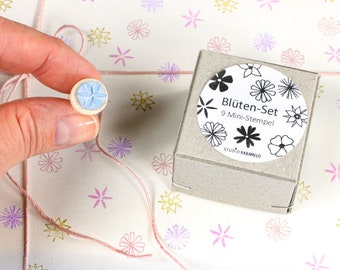 Stamp Set Blossoms, tiny stamps, 9 little rubber stamps in a box, flower stamp set