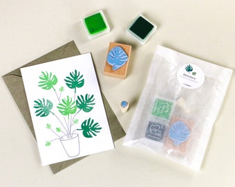 Stamp Set Monstera, urban jungle, botanical stamp set, set of 2 stamps monstera leaf with green ink pads