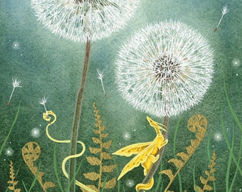 Dragon Art Print -Dandelion Clock Whimsy - fantasy art. whimsical art. illustration.