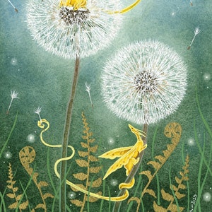 Dragon Art Print -Dandelion Clock Whimsy - fantasy art. whimsical art. illustration.