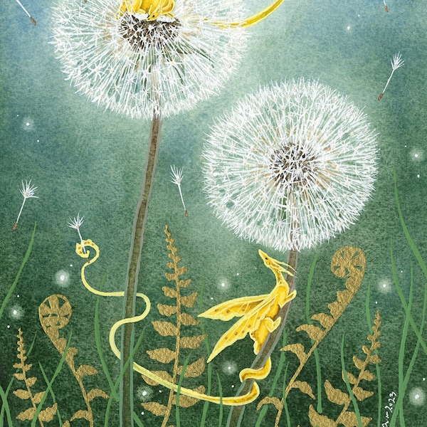 Dragon Art Print – Dandelion Clock Whimsy, Fantasy Illustration