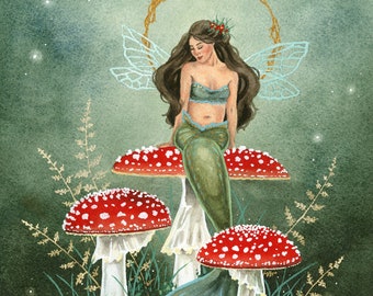 Mermaid Art Print - Amanita Mermaid - fantasy art. whimsical art. illustration