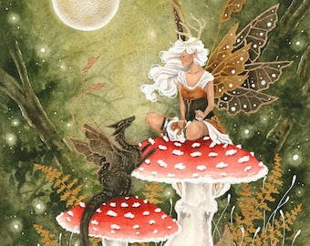 Fairy Art Watercolor Print -  Mushrooms in Autumn - fantasy art. dragon art. whimsical. illustration.