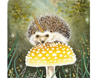 Hedgehog Art Watercolor Print - Hedgehog's Perch - fantasy art. whimsical art. woodland art.