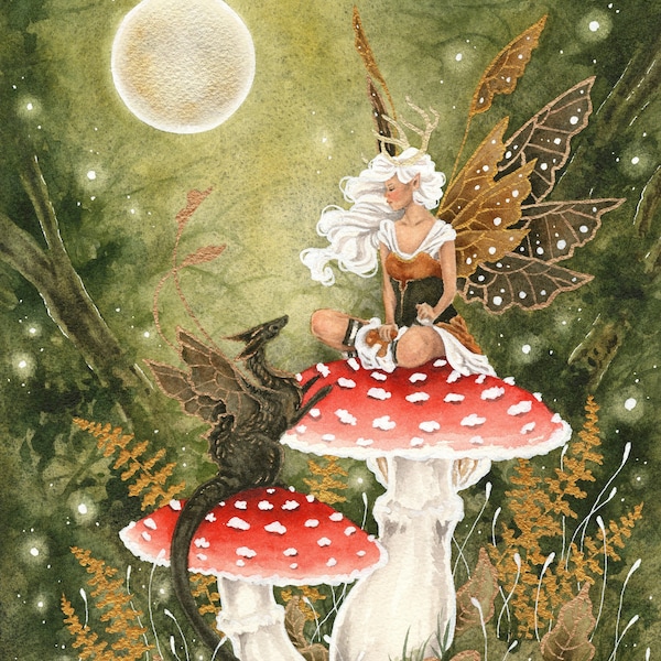 Fairy Art Watercolor Print -  Mushrooms in Autumn - fantasy art. dragon art. whimsical. illustration.