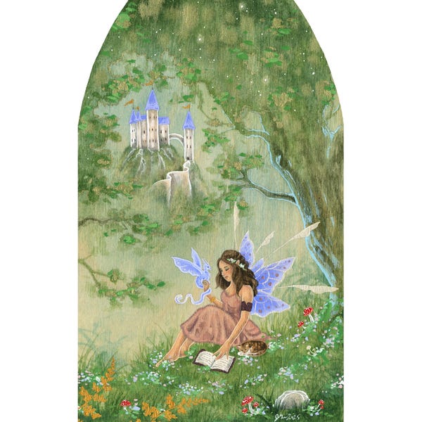 Fairy Art Watercolor Print -  In the Realm of Storybooks ll - fantasy art. dragon art. whimsical. illustration.