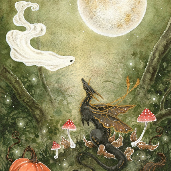 Dragon Art Watercolor Print - Ghosty Meets a Dragon - fantasy art. whimsical. illustration.