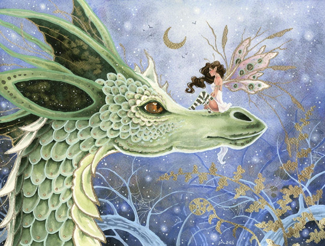 Dragon and Fairy Art Print - Whimsical Watercolor Illustration, Fantasy ...