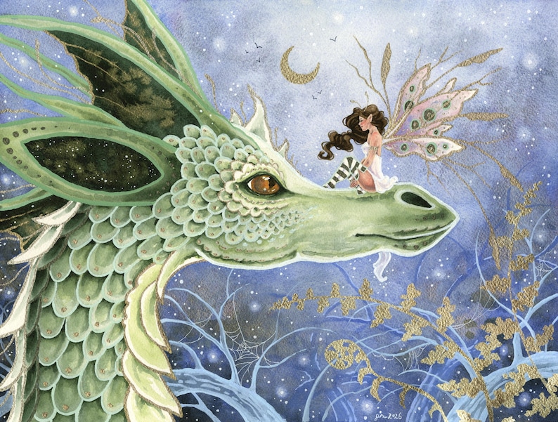 Dragon and Fairy Art Print - Whimsical Watercolor Illustration, Fantasy ...