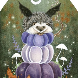 Hedgehog Art Watercolor Print - The Little Hedgebat - fantasy art. whimsical art. woodland art.
