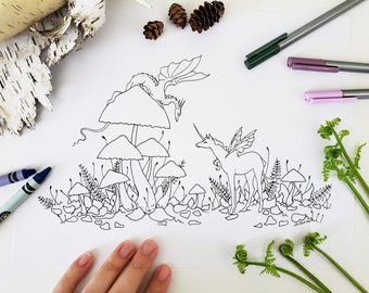 Página para colorear descargable de arte fantástico: unicornio, dragón, lindo, seta, bosque, cuento de hadas, caprichoso.