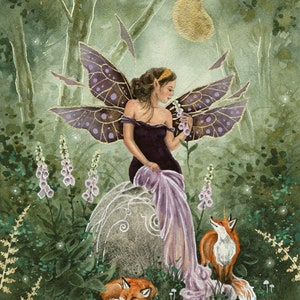 May include: A fairy with purple wings and a long purple dress sits on a stone in a forest. She is holding a white flower and looking at it. Two foxes are in the foreground, one sleeping and the other looking up at the fairy.