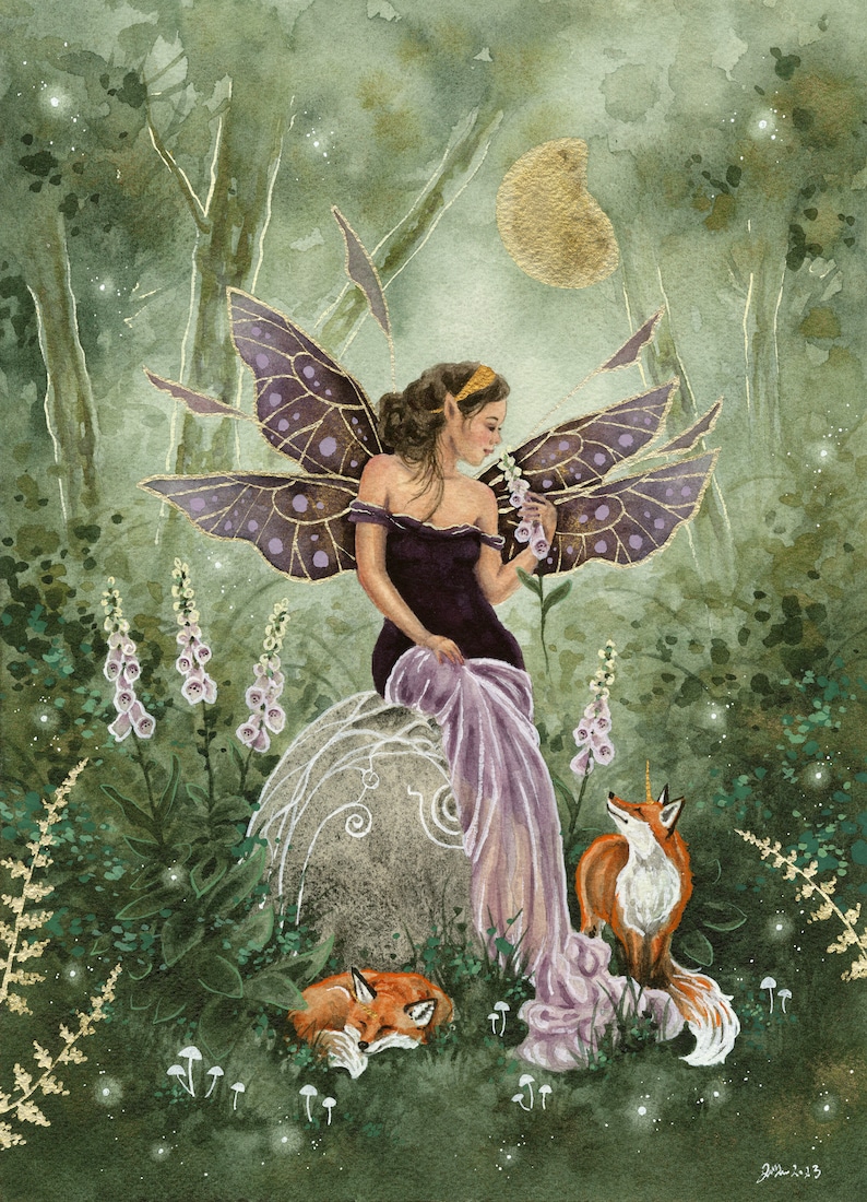 Fairy Art Watercolor Print A Fairy's Foxglove fantasy art. fox art. whimsical art. image 1