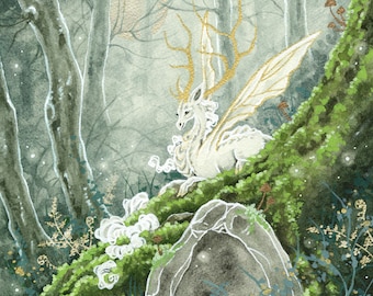 Dragon Art Print – Where the Green Moss Grows, Whimsical Watercolor