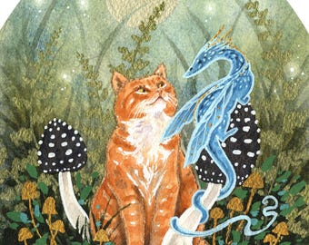 Kattenkunstdruk - A Curious Friend - drakenkunst. fantasiekunst. grillige kunst.