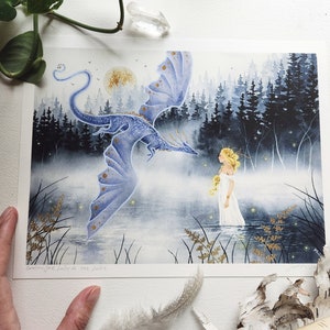 Fantasy Art Print Greeting the Lady of the Lake dragon art. watercolor art. whimsical art. illustration. image 3