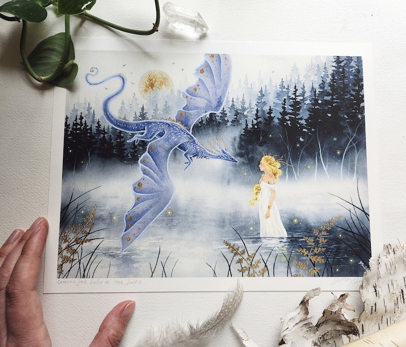 Fantasy Art Print Greeting the Lady of the Lake dragon art. watercolor art. whimsical art. illustration. image 3