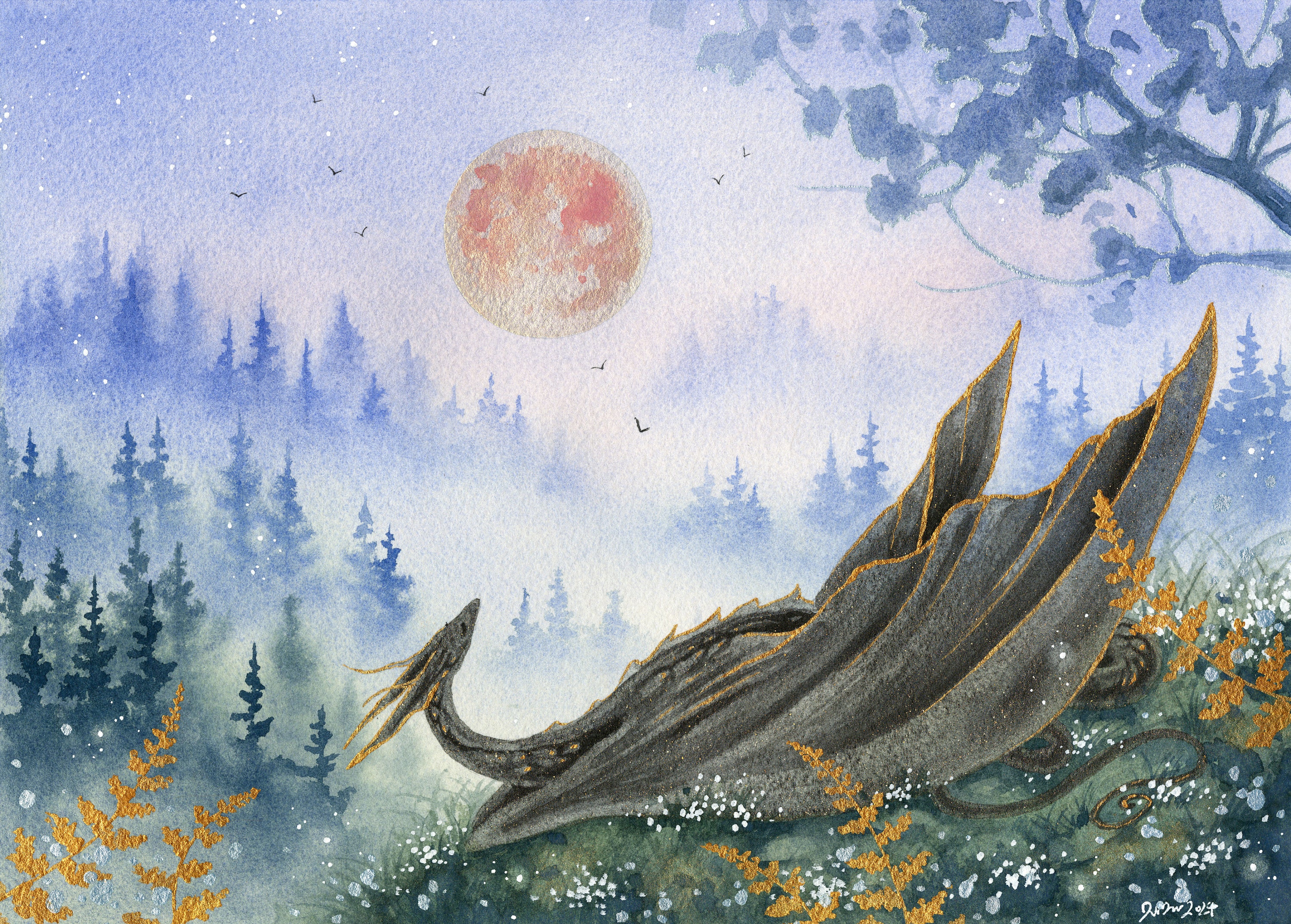 Dragon Art Print - Strawberry Moon Rising - Fantasy Art. Watercolor Art ...